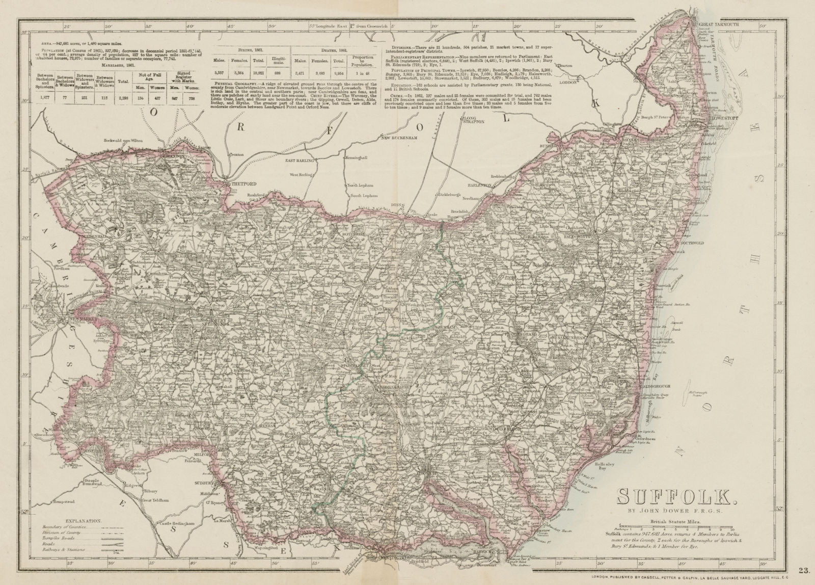 SUFFOLK antique county map. Railways. Bury St Edmunds Ipswich. DOWER 1862